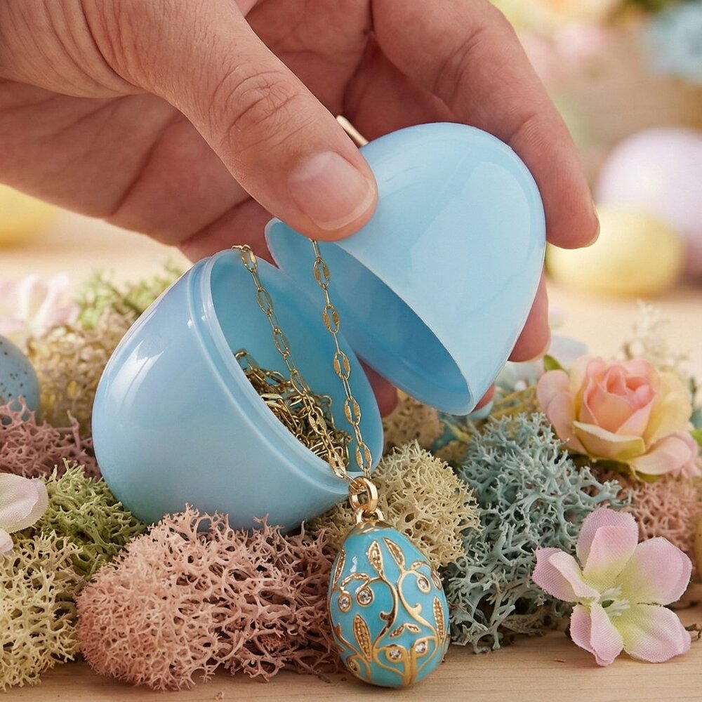 Blue and Gold Enamel Egg Easter Necklace